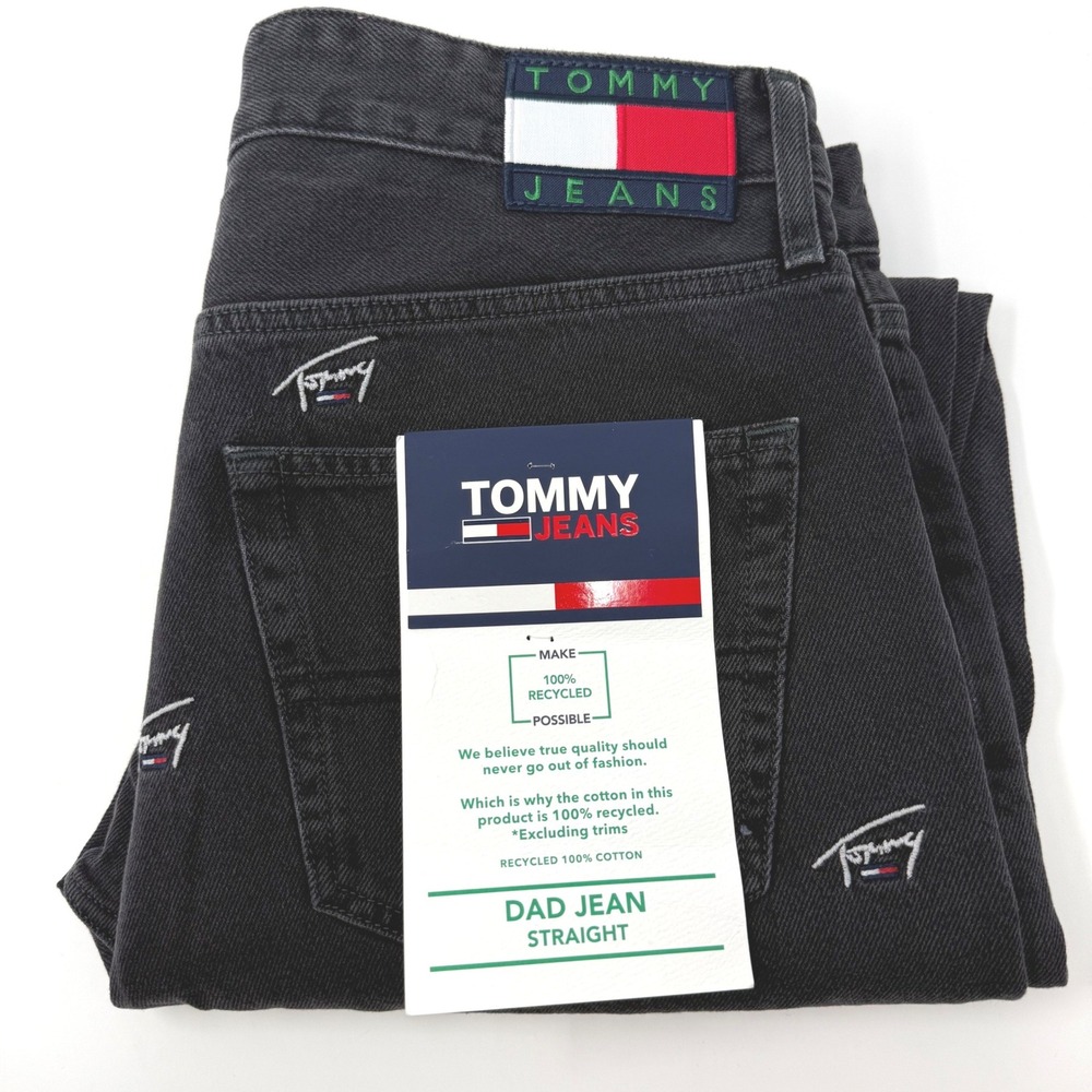Tommy Jeans Mens 34x31 Dad Jean Straight Black All Over Logo Embroidered NEW
